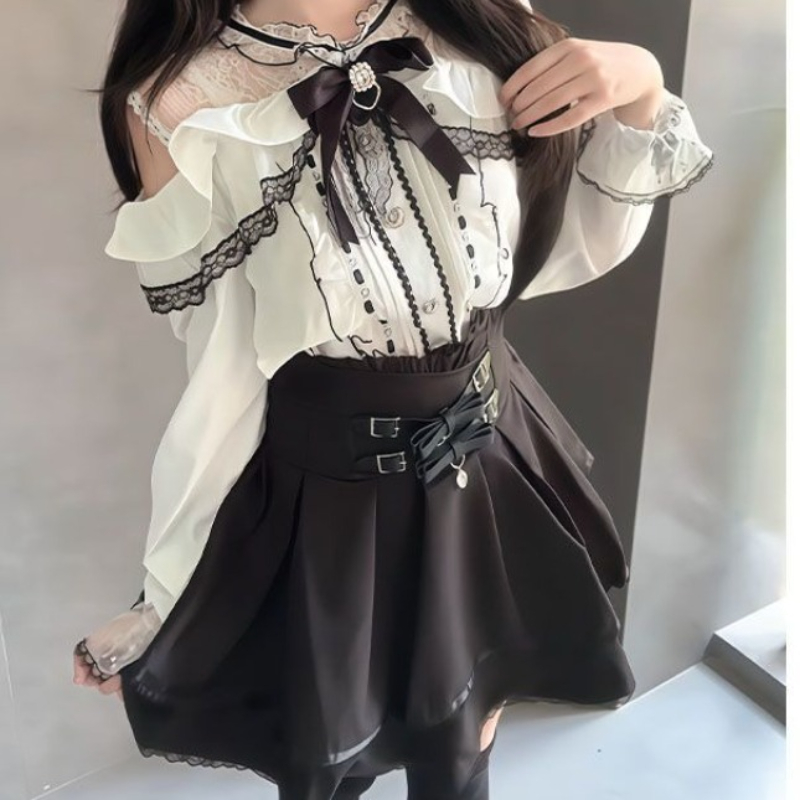 Blouse Off Shoulder - Japanische Gothic Y2k Lolita Stil Set