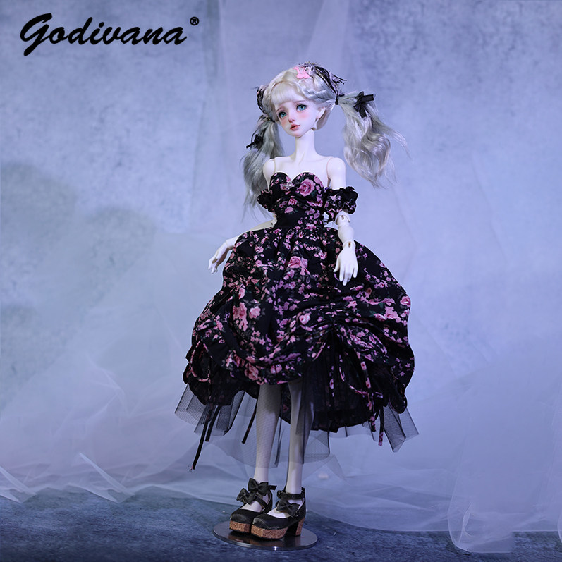 Midi Skirt Floral - 1/4 BJD-Puppenkleid, schwarzer Grund, rosa Blumenmuster,