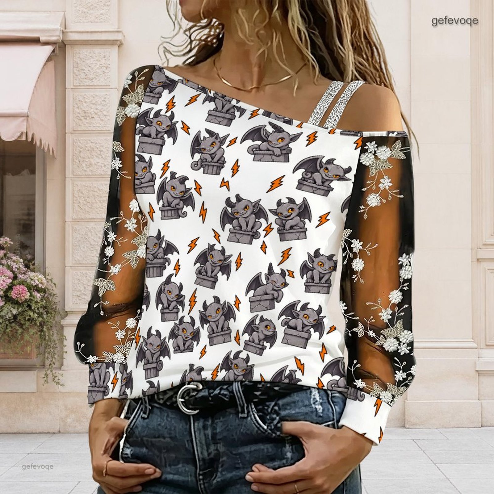 Blouse Off Shoulder - Asymmetrisches Off-Shoulder-Top für Damen mit Cartoon-Gargoyle-Blitzdruck,