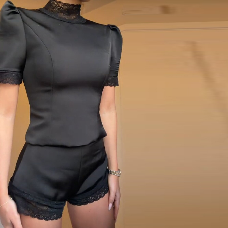 Blouse Off Shoulder - Neue Satin-Spitzenbesatz-Top-Sets für Damen Hochgeschlossene Gepolsterte